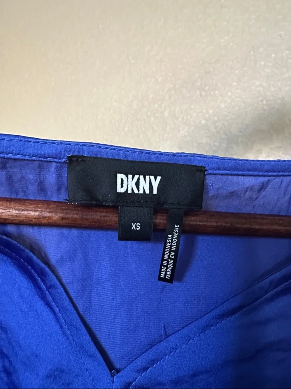 DKNY Cobalt Blue Satin V-Neck Cinched-Front Blouse - Picture 2 of 4